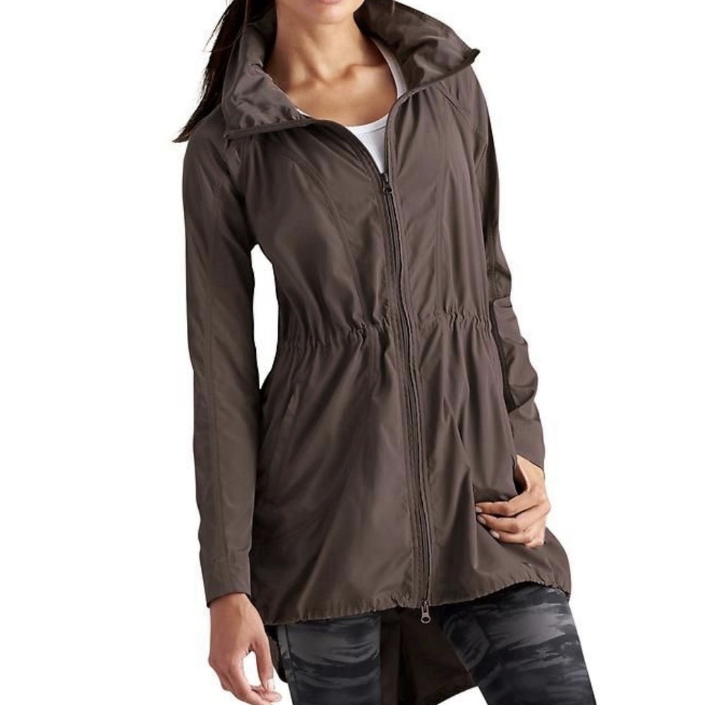 Athleta Drip Drop Jacket Stowaway Hood Hooded Womens XXS Brown Water Resistant